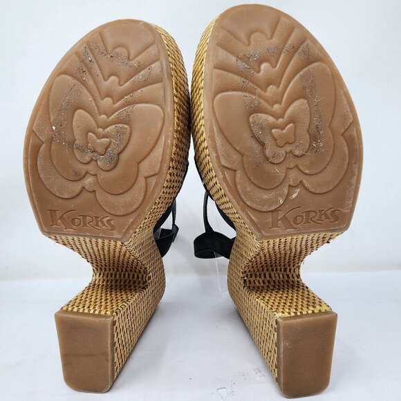 Korks Black Strappy Sandals Woven Block Heel Size 11M - Picture 3 of 10